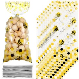 Outus 100 Pieces Bee Party Favors Bags Cellophane Treat Honey Bee Plastic Candy Goodie Gift Bags with 100 Silver Twist Ties for Kid Birthday Baby Shower Party Supplies
