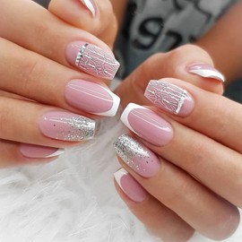 Pink Press on Nails Short Coffin - Broken Diamond Designs Fake Nails Press ons, Pink Full Cover Glue on Nails Glossy Acrylic Nails for Women 24 Pcs