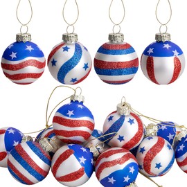 Americana 12pcs Memorial Day Glass Ornaments, 1.57 Inch Independence Day Hanging Glass Balls for July 4th, American Flag Tree Decorations