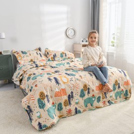 Junsey Kids Quilt Twin Size Bear Bedding Set,3Pcs Forest Trees Bedspread Animals Coverlets, Lightweight Reversible Cartoon Quilts Deer Owl Bedding Pillow Shams