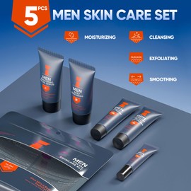 Mens Skincare Set, Valentines Day Gifts for Him, 5Pcs Mens Facial Care Kit - Facial Cleanser, Facial Scrub, Day Cream, Eye Cream and Overnight Moisturizer, Travel Size Mens Skincare Gift Set