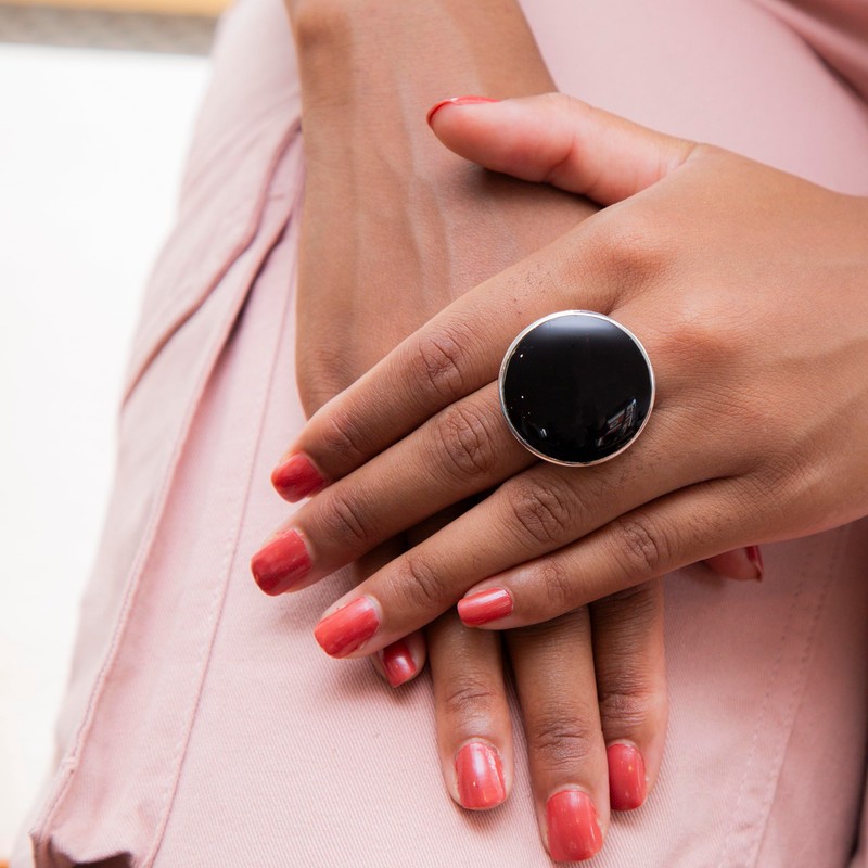 Tuscany Silver Large Round Onyx Ring - Size P
