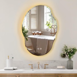USHOWER LED Bathroom Mirror, 25"x35" Irregular Vanity Mirror with Lights for Bathroom, Backlit, Wall Mounted, Anti-Fog, 3 Colors and Dimmable Light, Horizontal/Vertical
