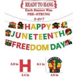 Pre-Strung Happy Juneteenth Freedom Banner Decorations for Party, Glitter Juneteenth Hanging Decor for Black History Month African American Indoor Home Emancipation Day Party Office Mantel Wall Supplies