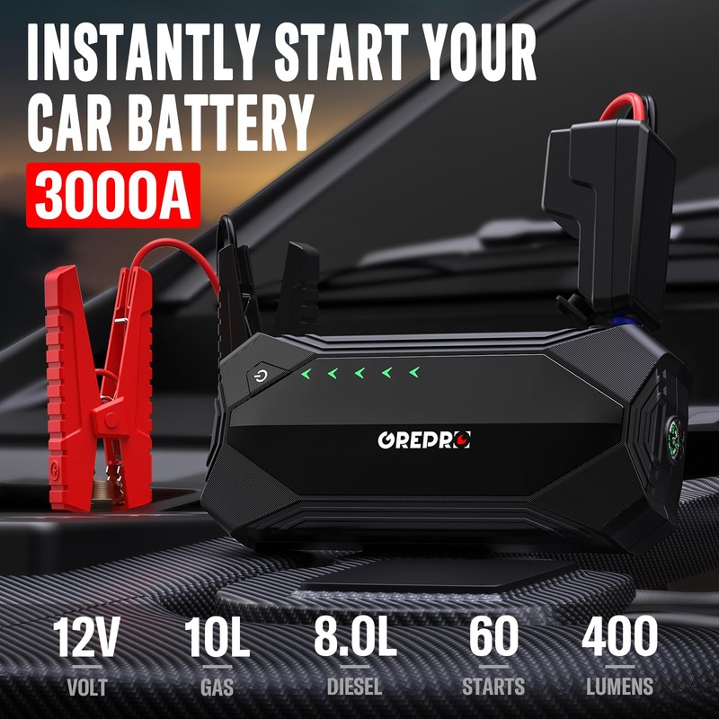 GREPRO Jump Starter (10L Gas & 8.0L Diesel Engines), 3000A