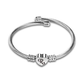 SBI Jewelry R Initial Cuff Bracelet Women Letter Bangle Alphabet Love Heart Silver Name Bracelet for Friendship Couple Birthday Anniversary Christmas