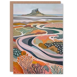 Artery8 Greeting Card Holy Island Landscape Lindisfarne Castle Painting Blank For Him Or Her Art Birthday Card