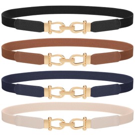 JASGOOD 4 Pack Women's Elastic Skinny Belt Fashion Alloy Buckle Stretchy Thin Waist Belts for Dresses