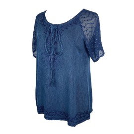 Agan Traders Women's 2025 Spring Bohemian Sheer Light Weight Crape Summer Embroidered Front Rope Tie Blouse Top (18606 B, S, BL) Blue