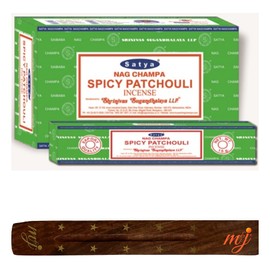 Original Satya Nag Champa Spicy Patchouli Incense Sticks | with M&J incense sticks holder | Full Box | for Aromatherapy, Spa, Yoga, Weddings, Meditation, Healing, Positivity and Relaxation