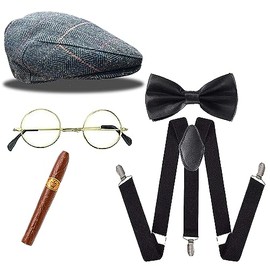 Mega_Jumble® Victorian, Gentleman, Old Man, 20's Tommy Shelby Fancy Dress Stag Night, Mens Gangster Costume Kit - Flat Cap, Glasses, Black Bow Tie, Black Braces, Fake Cigar