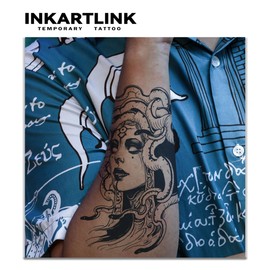 INKARTLINK Tattoo Tech, 2 Sheets Large Semi Permanent Tattoo, Adult Art Design Temporary Tattoos, Lasts 1-2 Weeks, Waterproof, Realistic Look, No Adhesive, No Reflection (Realistic Medusa Design)