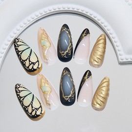 24Pcs Fall Press on Nails Medium Almond Fake Nails 3D Designs Black French Tip Acrylic Nails with Butterfly Wings Pattern Gold French Lines False Nail Tips Autumn Glue on Nails for Women