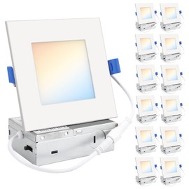 HONZIN Square LED Recessed Lighting 4 Inch, 5CCT Ultra Thin Led Recessed Ceiling Lights 12 Pack, Selectable 2700K/3000K/3500K/4000K/5000K, 9W, IC Rated, Dimmable Square White Trim with Junction Box
