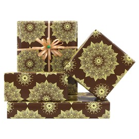 Happy Eid Mubarak Brown Flower Gift Wrapping Paper Set of 4 Sheets With Matched Light Gold Ribbon, Folded Flat 20x28 inches per sheet For Kids Islam Ramadan Holiday Party Celebration Decorations
