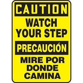 Accuform SBMSTF661XV Spanish-Bilingual Adhesive Dura-Vinyl Sign, Legend "Caution Watch Your Step", 14" Length x 10" Width x 0.006" Thickness, Black on Yellow