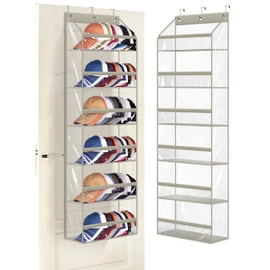 AOODA Clear Over the Door Hat Racks for Baseball Caps, Large Holds up to 72 Caps Hat Storage Organizer for Closet Wall, Deep Pockets Hanging Snapback Holder Shelves with 3 Hooks, Grey