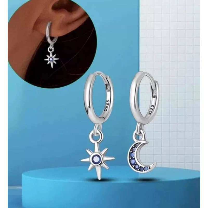 PMX Aretes Plata S925, Luna Y Estrella, Pavé De Zirconias,