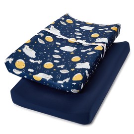TILLYOU Changing Pad Cover Set in Soft Jersey Material - Fits 32"/34''x16 Contoured Pad for Babies, Starry Adventure and Dark Blue