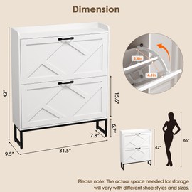 Nicetree Shoe Storage Cabinet with 2 Flip Drawers, Freestanding Shoe Organizer, Shoe Cabinet with Metal Legs, Narrow Shoe Rack Cabinet, Farmhouse Slim Shoe Cabinet for Entryway, Foyer, Hallway, White