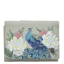 Anuschka Hand-Painted Genuine Leather Women's RFID Blocking Small Flap French Wallet - Regal Peacock