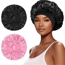 Pack of 2 Satin Bonnet, Satin Hair Cap, Hair Cap for Night, Silk Bonnet for Sleeping, Reusable Silk Bonnet Silk Cap, Hair Bonnet for Women and Girls (Black, Pink)
