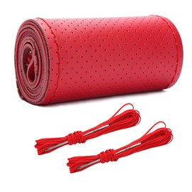 Wevdn Genuine Leather Steering Wheel Cover, Stitch on Wrap, DIY Sewing Steering Wheel Protector, 15 Inch Breathable Non-Slip Steering Wheel Protector, Car Accessories (Red, Full Hole)