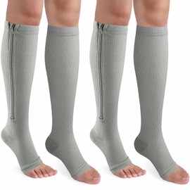 CASMON 2 Pairs Zipper Compression Socks for Women & Men, 15-20 mmHg Open Toe Knee High Support Socks for Varicose Vein Edema