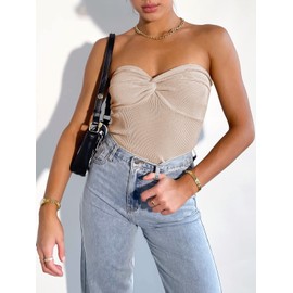 ANRABESS Tube Top for Women Summer Strapless Bandeau Knit Twist Knot Corset Crop Basic Tank Top 2025 Vacation Outfits Clothes Medium Apricot