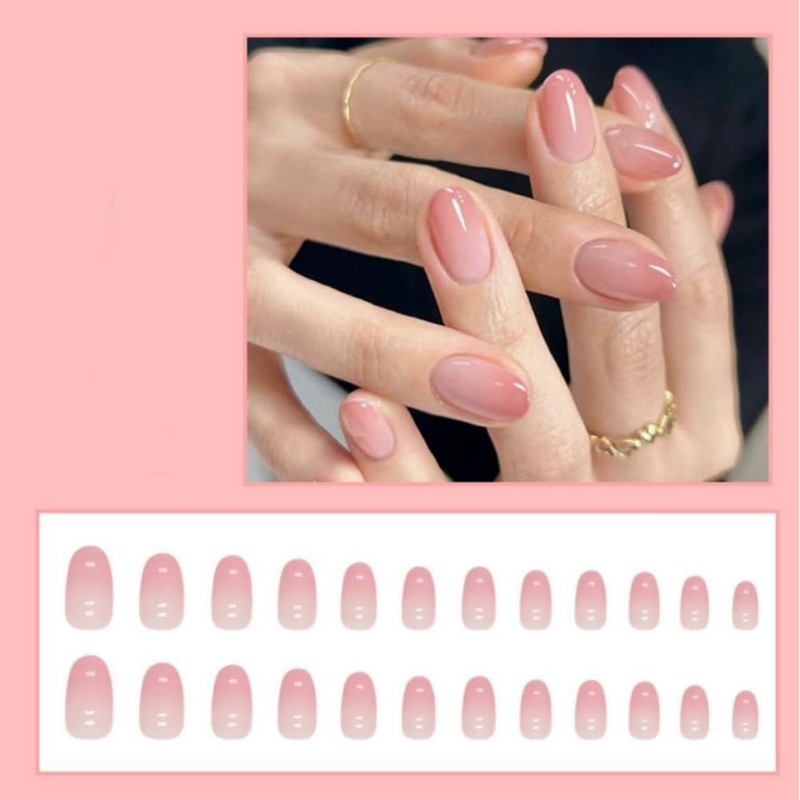 24Pcs Oval False Nails, Nude Pink Gradient Short Acrylic Full