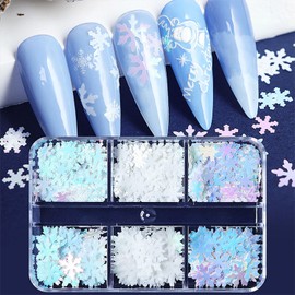 Tyuimhx 6 Grids White Snowflake Nail Art Glitter Sequins 3D Holographic Christmas Nail Glitter Flakes Xmas Laser Snowflake Designs Nail Decals for Acrylic Nails Winter Women DIY Nail Decorations