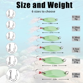 Fishing Spoon Lures Luminous Casting Metal Fishing Jigs Baits Glow Fish Tackle with Treble Hooks Spinning Lure for Saltwater Freshwater Trout Bass Salmon （5G-6PCS）
