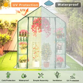 Purlyu Walk-in Greenhouse 3 Tiers 6 Shelves Roll-Up Zipper Door -28x56x76 inch PE Greenhouse Cover for Outdoor Plant Gardening Plants Cold Frost Protection Wind Rain Proof(PLGHW001G-N)