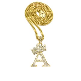 CBC Crown Rhinestone Studded Crown Initial Alphabet Letter Pendant Necklace 24" Cuban Chain Necklaces in Gold Tone or Silver Tone (Gold - A)