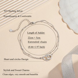 Loutade Silver Anklet for Women, 925 Sterling Silver Anklet Bracelet, 22 + 5 cm Adjustable Summer Barefoot Beach Double Anklet, Infinity Layered Anklet with Heart Design Foot Jewellery, Stone
