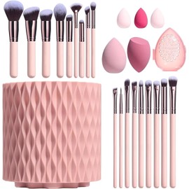 25 Piezas Brochas de Maquillaje con Estuche(Rosa) Con 1 Soporte Para Brochas De Maquillaje,5 Puff Set Y 18 Piezas Brochas,Set de brochas cosméticas multifunction