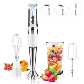 Cordless Immersion Blender Handheld: 3-in-1 Rechargeable Electric Hand Blender Stick, 21-Speeds & 3-Angle Adjustable with 700ml Beaker, Egg Whisk and Beater for Smoothies, Soup,Puree,Baby Food (White)