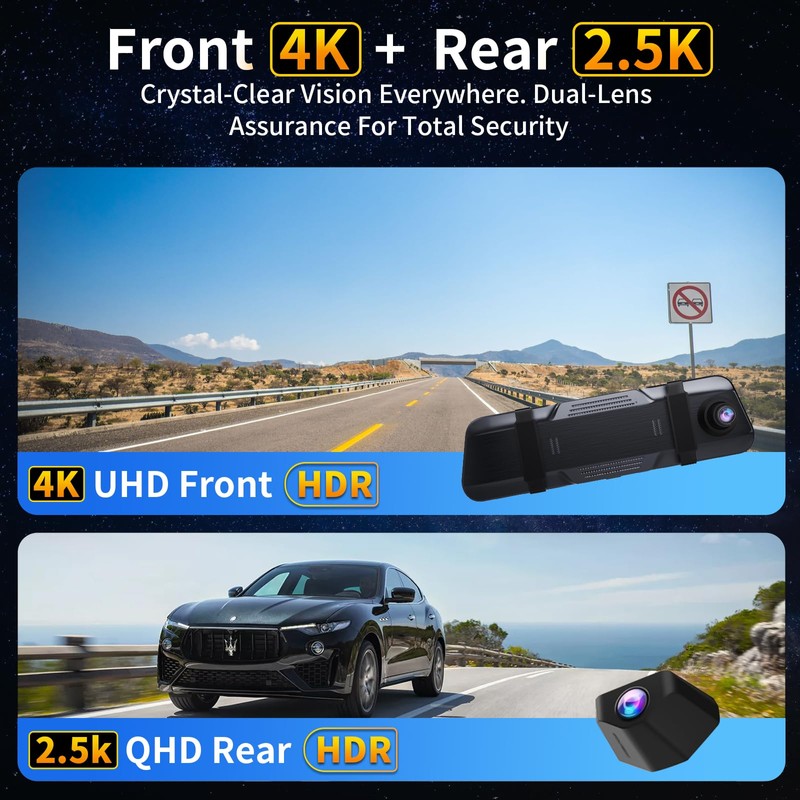 Mirror Dual Dash Camera with Voice Control,4K+2.5K 10" Rear View