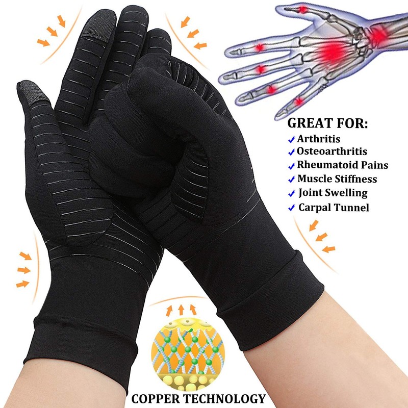 2-Pairs Pack Copper Full Finger Compression Gloves, Copper Arthritis Gloves