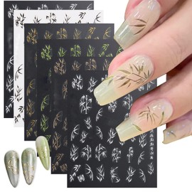 6 Sheets Bamboo Leaf Nail Art Stickers Gold Foil Black Leaf Nail Stickers Chinese Classical Elements 3D Self-Adhesive Nail Design Decals for Women DIY Spring Nail Art Decoration Supplies