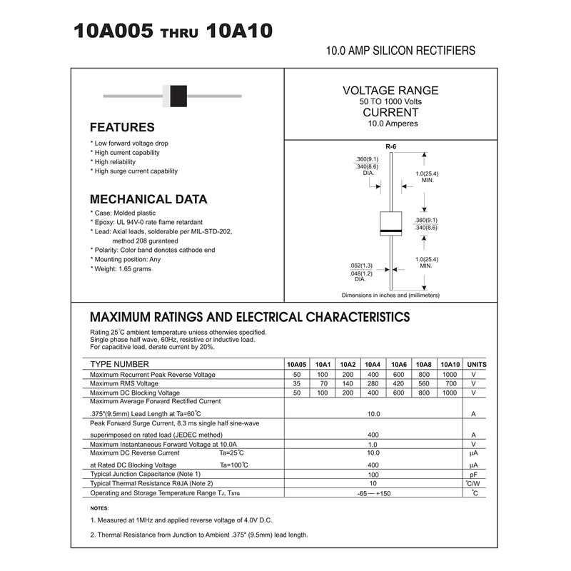 20PCS 10A10 Rectifier Diode 10A 1000V R-6 Axial 10 Amp