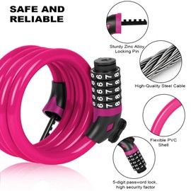 Ainiv Bike Lock, High Security 5-Digit Combination Coiling Cable Lock, 1.2mx12mm, Heavy Duty Bike Lock with Mounting Bracket, for Bike, Motorbike, Scooter, Gate, Fence, Rose Red