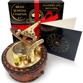 Brass Sundial Compass in Leather Case - Nautical Gifts for Men, Antique Sailing Anniversary Gadget for Him, Unusual Unique Nautical Decor, Naval Maritime Pocket Watch Clock (2.7" Inch)