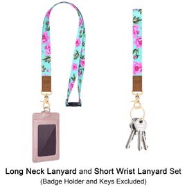 Wisdompro Neck Lanyard & Wrist Strap Set, Lanyard for Neck with Safety Breakaway and Wristlet Keychain Holder with 2 Keyrings for Keys, ID Card Badge Holder - Powder Blue Flower
