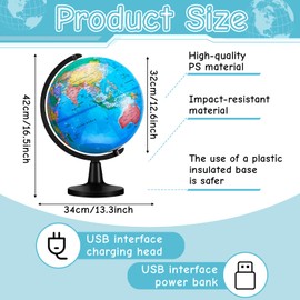 Amylove 13'' Illuminated World Globe with Stand 720°/360° Rotation Rewritable Light Up Globe for School World Map for Interactive Learning Light with Base Lamp LED Decor (Plastic,Classic)