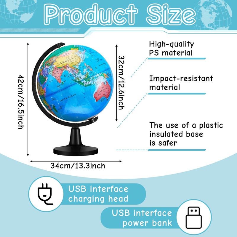 Amylove 13'' Illuminated World Globe with Stand 720°/360° Rotation Rewritable