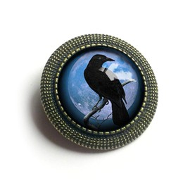 Purple Crow Or Raven Silhouette On Full Moon Brooch