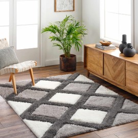 Hauteloom Amias Contemporary Geometric Diamond Shag Area Rug - Modern Trellis Fluffy High Pile Super Soft Rug for Living Room, Bedroom, Dining Room - Gray, Black and White - 18" Sample