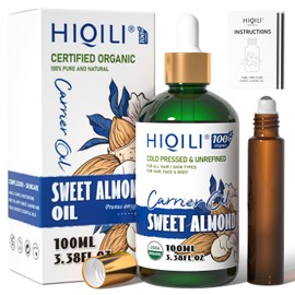 HIQILI Almond Oil 3.4 fl oz (100 ml) Natural 100% Additive-Free Sweet Almond Body Oil Carrier Oil Face Body Massage Oil