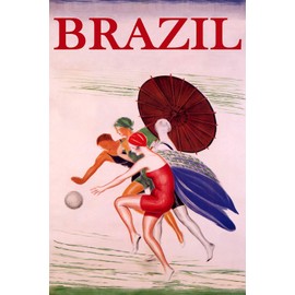 WONDERFULITEMS Brazil Summer Beach Happy Women Playing Ball Sun Umbrella Travel 20" x 30" Image Size Vintage Poster repro Canvas Rolled up. We Have Other Sizes